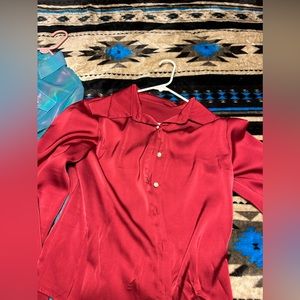 Red silk button down shirt